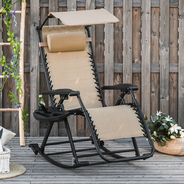 Garden Rocking Chair Folding Recliner Outdoor Adjustable Sun Lounger Rocker Zero-Gravity Seat with Headrest Side Holder Patio Deck - Beige
