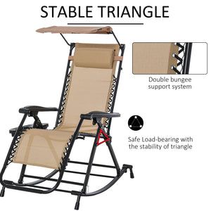 Garden Rocking Chair Folding Recliner Outdoor Adjustable Sun Lounger Rocker Zero-Gravity Seat with Headrest Side Holder Patio Deck - Beige