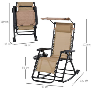 Garden Rocking Chair Folding Recliner Outdoor Adjustable Sun Lounger Rocker Zero-Gravity Seat with Headrest Side Holder Patio Deck - Beige