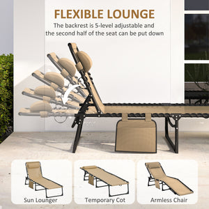 Folding Lounge Chair, Reclining Tanning Chair, Portable Sun Lounger with Adjustable Backrest and Removable Pillow for Patio, Garden, Beach, Beige