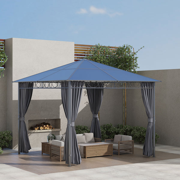10' x 10' Polycarbonate Hardtop Gazebo Canopy, Outdoor Patio Gazebo with Aluminum Frame & Curtains, Dark Grey