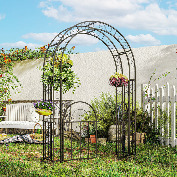 7.4ft Steel Garden Arch with Gate, Garden Arbor Trellis for Climbing Plants, Roses, Vines, Wedding Arch Stand for Outdoor, Garden, Lawn, Backyard, Black