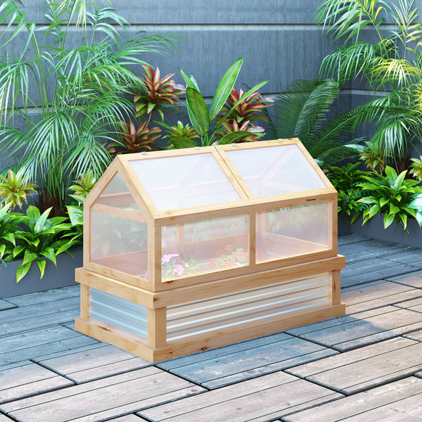 Wooden Cold Frame, Raised Garden Bed with Polycarbonate Greenhouse, Flower Planter Protection, 48" x 24" x 32", Natural