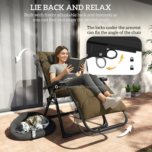Reclining Zero Gravity Chair with Adjustable Backrest, Folding Garden Sun Lounger, Outdoor Recliner with Removable Cushion and Headrest, Khaki