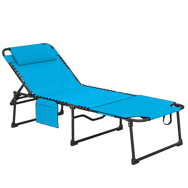 Folding Chaise Lounge with 5-level Reclining Back, Tanning Chair with Face Hole, Outdoor Lounge Chair with Side Pocket & Headrest for Beach, Yard, Patio, Blue