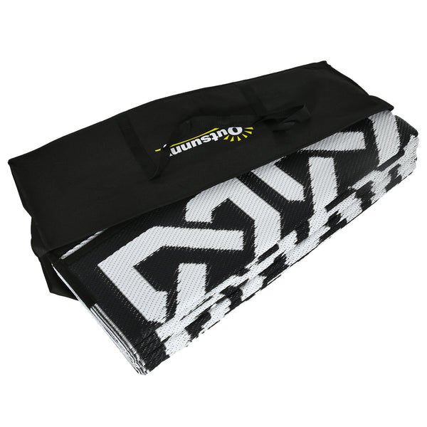 Portable Outdoor Rug with Carry Bag, 9' x 18' Reversible Mat, Waterproof Plastic Straw RV Rug for Backyard, Deck, Picnic, Beach, Camping, Black and White Chain