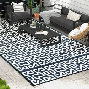 Portable Outdoor Rug with Carry Bag, 9' x 18' Reversible Mat, Waterproof Plastic Straw RV Rug for Backyard, Deck, Picnic, Beach, Camping, Black and White Chain