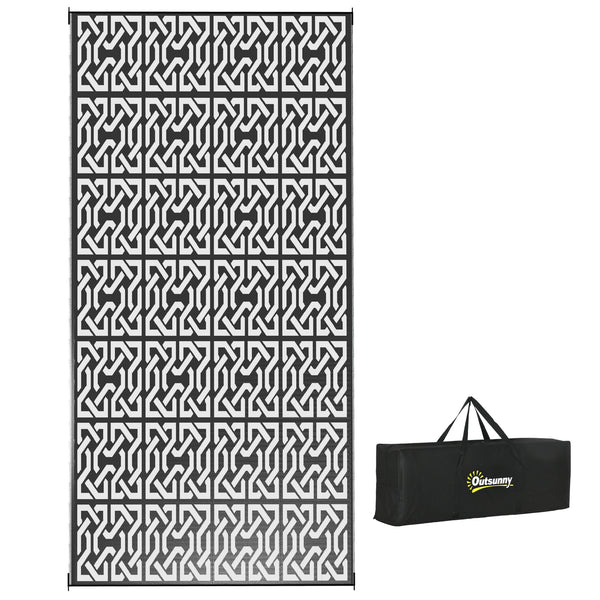 Portable Outdoor Rug with Carry Bag, 9' x 18' Reversible Mat, Waterproof Plastic Straw RV Rug for Backyard, Deck, Picnic, Beach, Camping, Black and White Chain