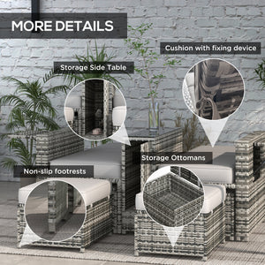 5PC PE Rattan Sun Lounger, Outdoor Wicker 5-level Adjustable Recliner Sofa Bed with Storage Side Table and Footstools, for Patio, Garden, Poolside, Grey