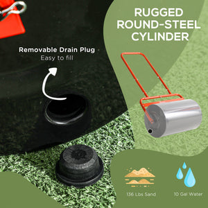 20" Push/Tow Behind Lawn Roller, Heavy Duty Sod Drum Roller Filled with 11 Gal Water/136 Lbs Sand, Grass Flattener for Yard, Patio, Park, Red