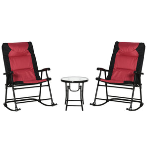3pc Patio Foldable Rocking Chair Set, Outdoor Rocking Chairs and Table Bistro Set w/ Padded Seat, Headrest, Backrest for park, backyard, garden, Red
