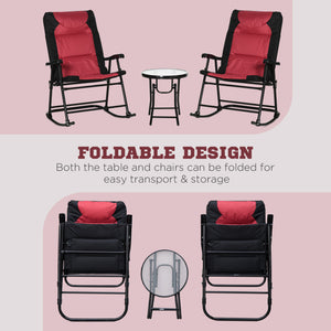 3pc Patio Foldable Rocking Chair Set, Outdoor Rocking Chairs and Table Bistro Set w/ Padded Seat, Headrest, Backrest for park, backyard, garden, Red