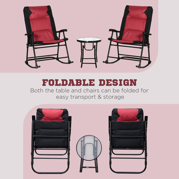 3pc Patio Foldable Rocking Chair Set, Outdoor Rocking Chairs and Table Bistro Set w/ Padded Seat, Headrest, Backrest for park, backyard, garden, Red