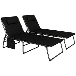 Folding Sun Loungers Set of 2, Recliner Garden Chairs with Quick Drying Pad Headrest Side Pocket, Garden Sun Loungers for Beach Pool, Black