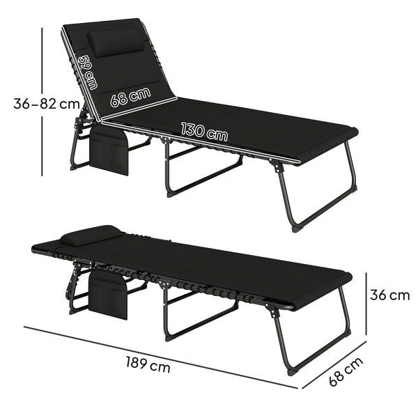Folding Sun Loungers Set of 2, Recliner Garden Chairs with Quick Drying Pad Headrest Side Pocket, Garden Sun Loungers for Beach Pool, Black