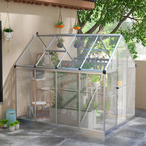 6' x 8' Polycarbonate Greenhouse with 2 Polycarbonate Types, Walk-in Green House with Hinged Door, 5-Level Roof Vents, Rain Gutter, Aluminium Frame and Foundation Kit
