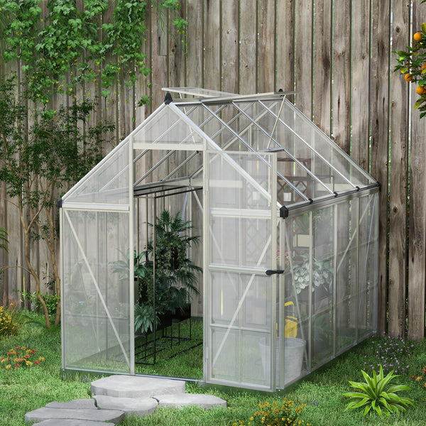 6' x 8' Polycarbonate Greenhouse with 2 Polycarbonate Types, Walk-in Green House with Hinged Door, 5-Level Roof Vents, Rain Gutter, Aluminium Frame and Foundation Kit