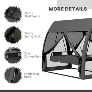 3-Seat Outdoor Swing Chair, Chaise Lounger Bed, Garden Hammock, Converting Flat Bed with Steel Stand, Canopy and Mesh Netting for Garden, Patio, Porch, Dark Grey