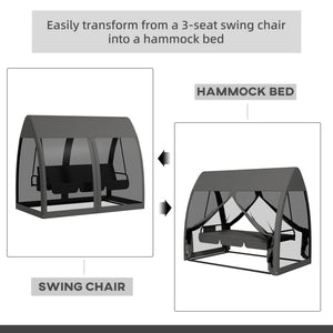 3-Seat Outdoor Swing Chair, Chaise Lounger Bed, Garden Hammock, Converting Flat Bed with Steel Stand, Canopy and Mesh Netting for Garden, Patio, Porch, Dark Grey
