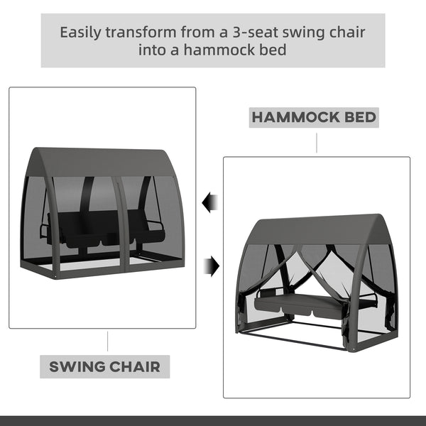 3-Seat Outdoor Swing Chair, Chaise Lounger Bed, Garden Hammock, Converting Flat Bed with Steel Stand, Canopy and Mesh Netting for Garden, Patio, Porch, Dark Grey