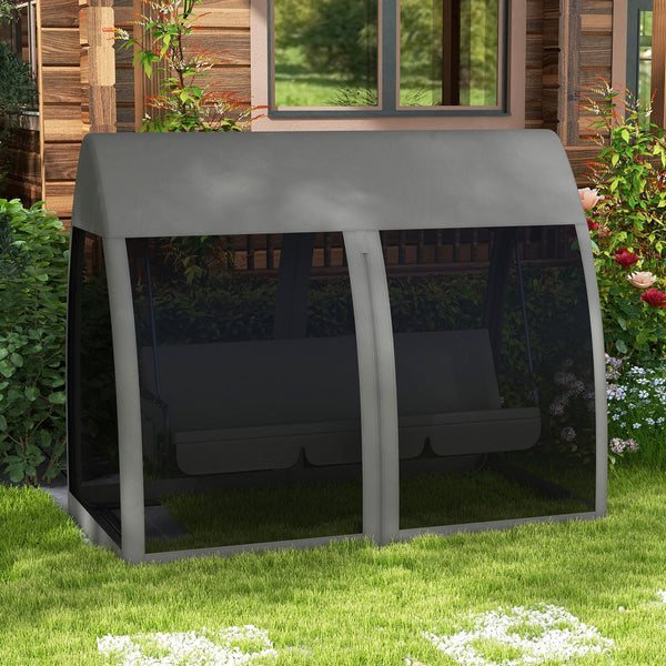 3-Seat Outdoor Swing Chair, Chaise Lounger Bed, Garden Hammock, Converting Flat Bed with Steel Stand, Canopy and Mesh Netting for Garden, Patio, Porch, Dark Grey