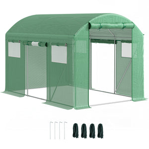 3 x 2 x 2m Polytunnel Greenhouse with 3 Roll-up Doors and Mesh Windows, Walk-in Garden Tunnel Warm House Tent with UV-resistant PE Cover and Galvanised Steel Frame, Green