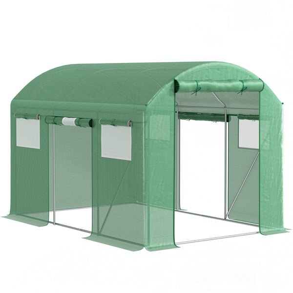 3 x 2 x 2m Polytunnel Greenhouse with 3 Roll-up Doors and Mesh Windows, Walk-in Garden Tunnel Warm House Tent with UV-resistant PE Cover and Galvanised Steel Frame, Green