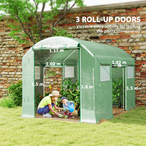 3 x 2 x 2m Polytunnel Greenhouse with 3 Roll-up Doors and Mesh Windows, Walk-in Garden Tunnel Warm House Tent with UV-resistant PE Cover and Galvanised Steel Frame, Green