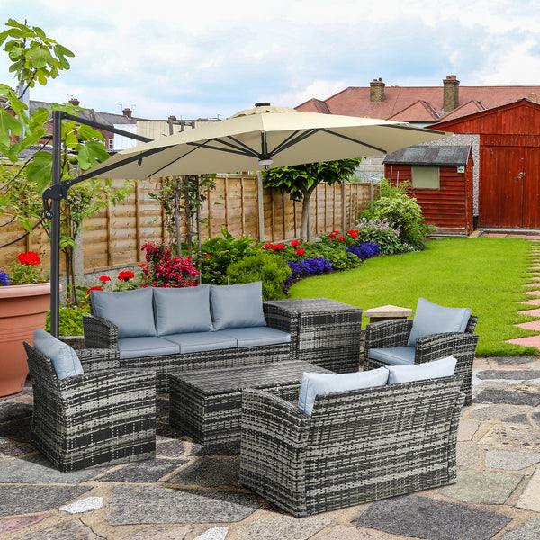 6 Pieces Rattan Garden Furniture Set, 7 Seater Wicker Outdoor Furniture Set with Storage Tea Table & Side Table, Sectional Garden Sofa Set with Cushions, Grey