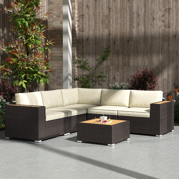 6 Pieces Rattan Patio Furniture Set, 5 Seater Sectional Outdoor Furniture with Wicker Corner Sofa and Wood-Plastic Coffee Table for Deck, Porch, Garden, Light Khaki