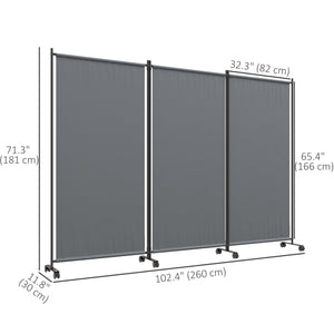 3 Panel Folding Room Divider with Lockable Wheels, 6ft Rolling Privacy Screen, Portable Freestanding Privacy Panel for Garden Backyard Deck Pool Hot Tub, Dark Grey