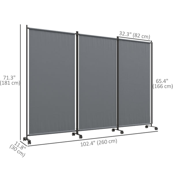 3 Panel Folding Room Divider with Lockable Wheels, 6ft Rolling Privacy Screen, Portable Freestanding Privacy Panel for Garden Backyard Deck Pool Hot Tub, Dark Grey