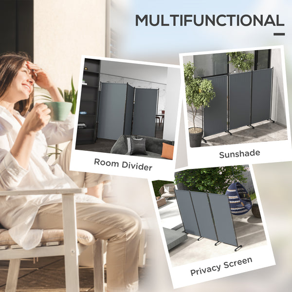 3 Panel Folding Room Divider with Lockable Wheels, 6ft Rolling Privacy Screen, Portable Freestanding Privacy Panel for Garden Backyard Deck Pool Hot Tub, Dark Grey