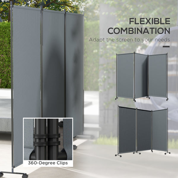3 Panel Folding Room Divider with Lockable Wheels, 6ft Rolling Privacy Screen, Portable Freestanding Privacy Panel for Garden Backyard Deck Pool Hot Tub, Dark Grey