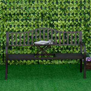 Metal Outdoor Bench with Liftable Middle Table, Patio Loveseat with Slatted Seat and Back, Garden Bench for Lawn, Porch, Seats 2–3 People, Black
