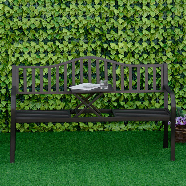 Metal Outdoor Bench with Liftable Middle Table, Patio Loveseat with Slatted Seat and Back, Garden Bench for Lawn, Porch, Seats 2–3 People, Black