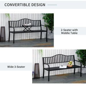 Metal Outdoor Bench with Liftable Middle Table, Patio Loveseat with Slatted Seat and Back, Garden Bench for Lawn, Porch, Seats 2–3 People, Black
