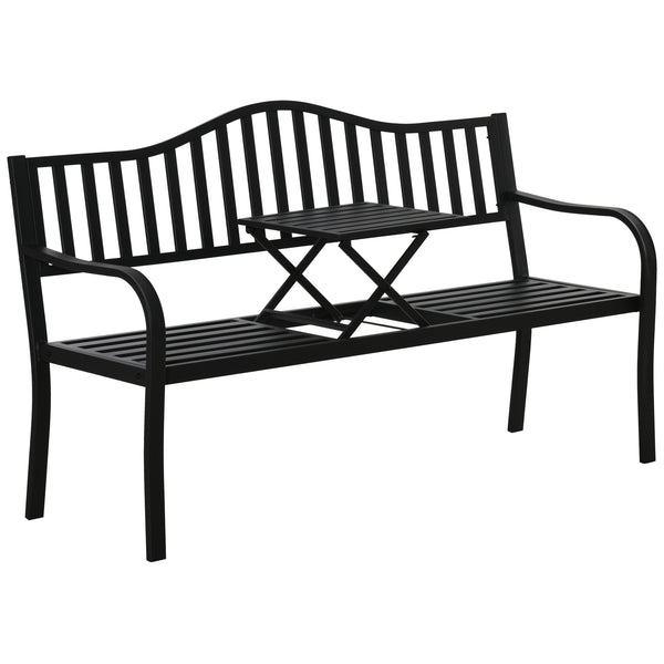 Metal Outdoor Bench with Liftable Middle Table, Patio Loveseat with Slatted Seat and Back, Garden Bench for Lawn, Porch, Seats 2–3 People, Black