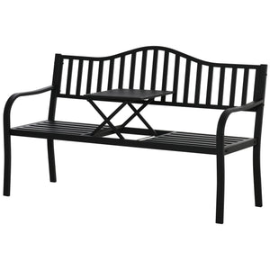 Metal Outdoor Bench with Liftable Middle Table, Patio Loveseat with Slatted Seat and Back, Garden Bench for Lawn, Porch, Seats 2–3 People, Black