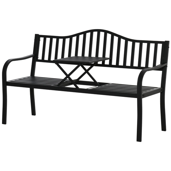 Metal Outdoor Bench with Liftable Middle Table, Patio Loveseat with Slatted Seat and Back, Garden Bench for Lawn, Porch, Seats 2–3 People, Black