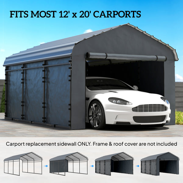 Carport Replacement Sidewall Panels Set of 4 for 12' x 20' Carports, UPF50+ Waterproof PE Tarp Replacement Side Wall Cover with Zipper Door, Top Cover and Frame Not Included, Dark Gray