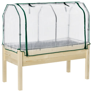 Raised Garden Bed with PE Greenhouse Cover, Outdoor Elevated Wood Planter Box for Herbs and Vegetables, Use for Patio, Garden, Balcony, 121 x 55 x 117cm, Nature Wood Finish