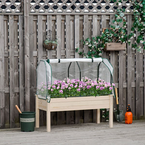 Raised Garden Bed with PE Greenhouse Cover, Outdoor Elevated Wood Planter Box for Herbs and Vegetables, Use for Patio, Garden, Balcony, 121 x 55 x 117cm, Nature Wood Finish