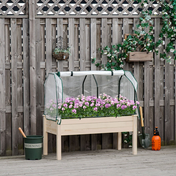 Raised Garden Bed with PE Greenhouse Cover, Outdoor Elevated Wood Planter Box for Herbs and Vegetables, Use for Patio, Garden, Balcony, 121 x 55 x 117cm, Nature Wood Finish