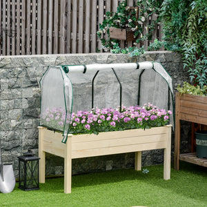 Raised Garden Bed with PE Greenhouse Cover, Outdoor Elevated Wood Planter Box for Herbs and Vegetables, Use for Patio, Garden, Balcony, 121 x 55 x 117cm, Nature Wood Finish