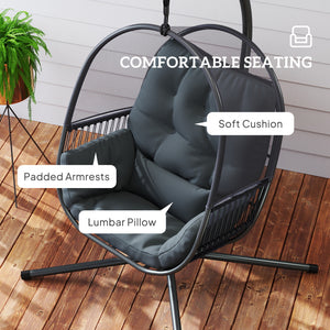 Hanging Egg Chair Outdoor Indoor, Swing Hammock Chair with Stand, Cushions, Lumbar Pillow, Adjustable Height and Steel Frame for Garden Patio Lounge Porch, Dark Grey