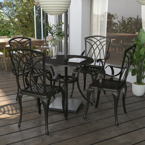 5 Pieces Garden Dining Set for 4, Cast Aluminium Outdoor Dining Set with 4 Armchairs and Round Dining Table with Parasol Hole, Garden Furniture Set, Brown