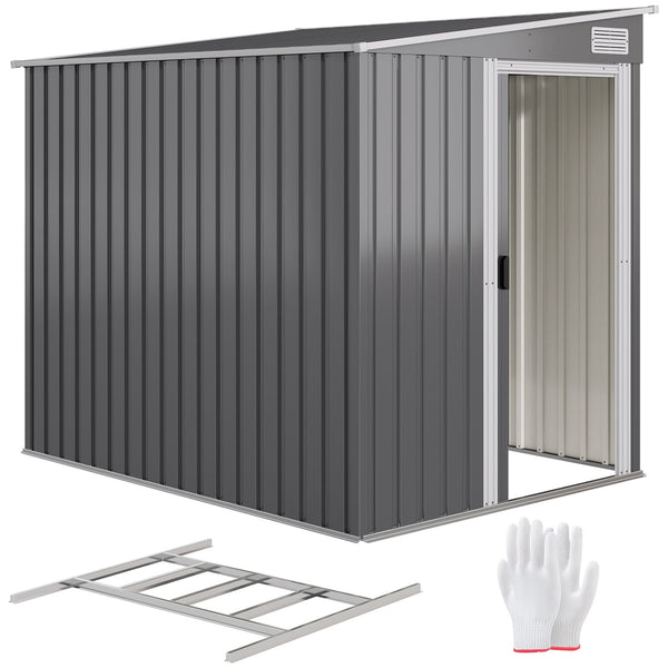 5 x 7FT Lean to Outdoor Storage Shed with Foundation Kit, Metal Garden Shed with Adjustable Shelves, Sliding Door, Vents, Hooks for Backyard, Patio, Lawn, Dark Grey