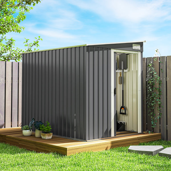 5 x 7FT Lean to Outdoor Storage Shed with Foundation Kit, Metal Garden Shed with Adjustable Shelves, Sliding Door, Vents, Hooks for Backyard, Patio, Lawn, Dark Grey