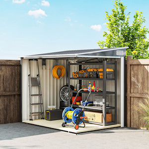 5 x 7FT Lean to Outdoor Storage Shed with Foundation Kit, Metal Garden Shed with Adjustable Shelves, Sliding Door, Vents, Hooks for Backyard, Patio, Lawn, Dark Grey